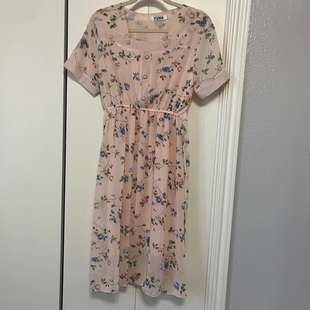 YUNA Pink Floral Chiffon Midi Dress Pearl Button Square Neck Cottagecore L/XL